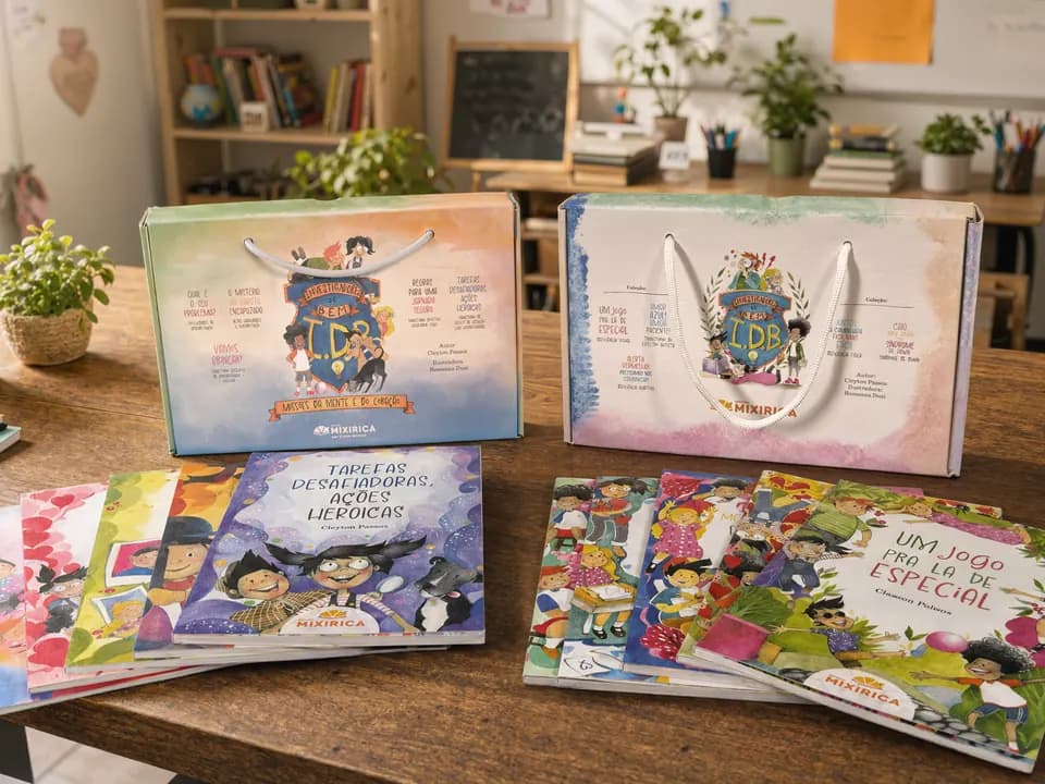 Kits e livros da Coleção Investigadores do Bem sobre uma mesa